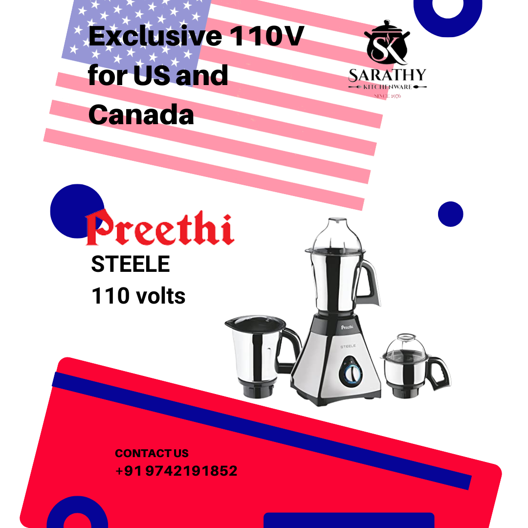PREETHI STEELE MG 206 110 V, 550-WATT MIXER GRINDER (SILVER/BLACK), 110 VOLTS FOR USE IN USA AND CANADA ONLY
