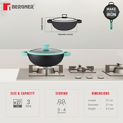 Bergner Elements Pre-Seasoned Cast Iron Kadai with Glass Lid, 27 cm, 3 Litres Induction Friendly, Black