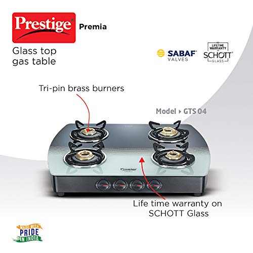 Prestige Premia Schott Glass 4 Burner Gas Stove, Manual Ignition, Black and White