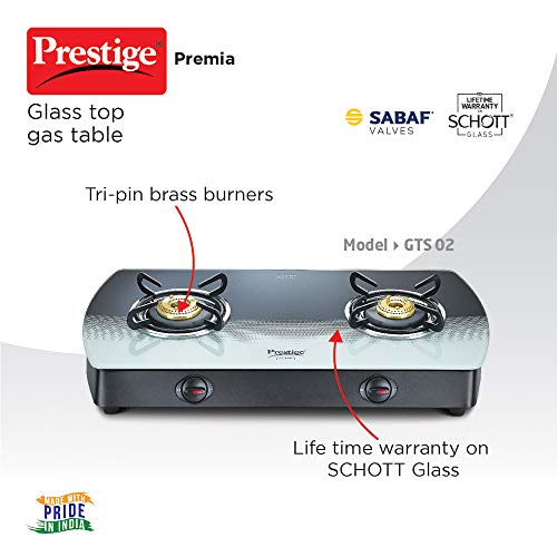 Prestige Premia Schott Glass 2 Burner Gas Stove, Manual Ignition, Black and White