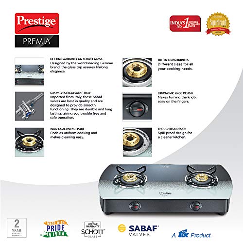 Prestige Premia Schott Glass 2 Burner Gas Stove, Manual Ignition, Black and White