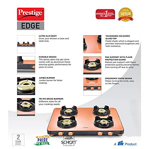 Prestige Edge Glass Gas Stove Gas Table PEPS 04 - Pink, Pastel, Manual, 4 Burner