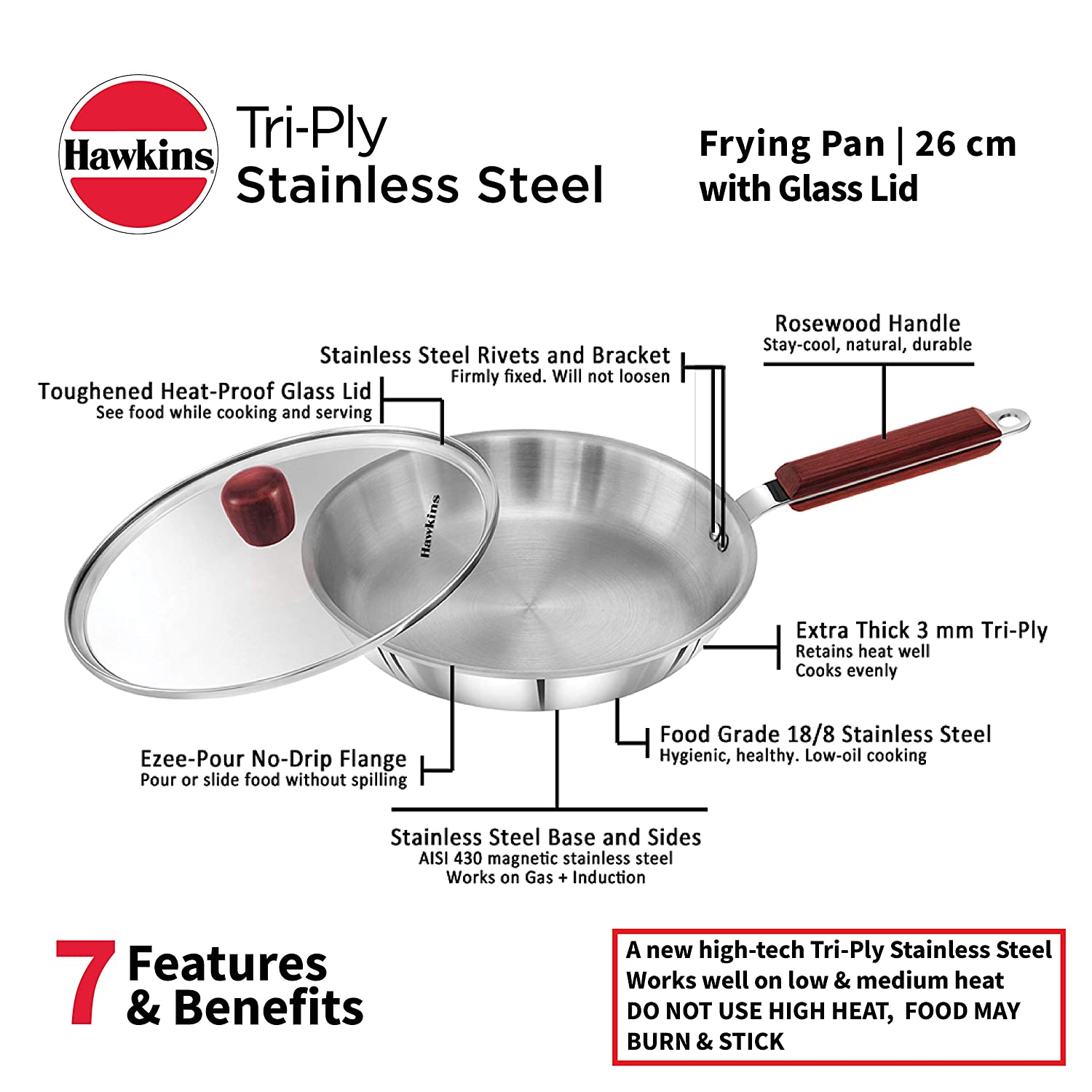 Hawkins Tri-Ply Stainless Steel Induction Compatible Frying Pan, Diameter 26 cm, Thickness 3 mm