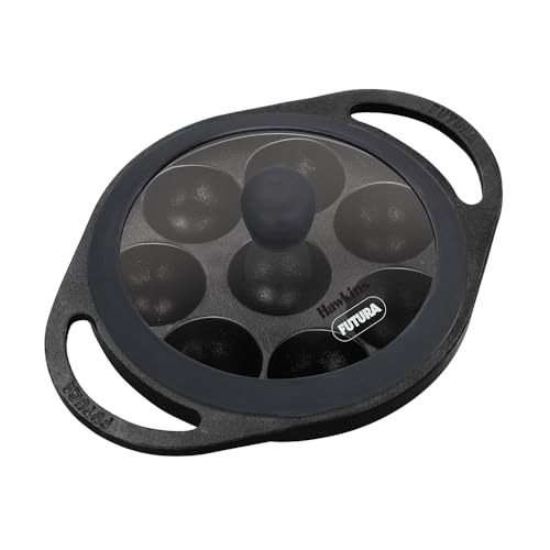 Hawkins Futura 16 cm Cast Iron Appe Pan, Non Stick Paniyaram Pan with Glass Lid, 8 Cups Paniyarakkal Pan, Litti Pan, Kuzhi Paniyaram Pan, Ponganalu Pan, Black (CIAP16G)