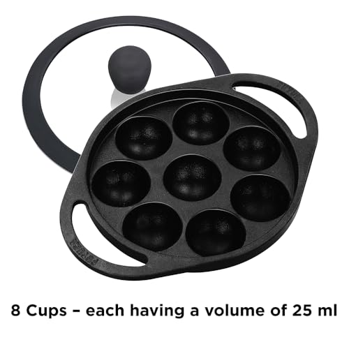 Hawkins Futura 16 cm Cast Iron Appe Pan, Non Stick Paniyaram Pan with Glass Lid, 8 Cups Paniyarakkal Pan, Litti Pan, Kuzhi Paniyaram Pan, Ponganalu Pan, Black (CIAP16G)