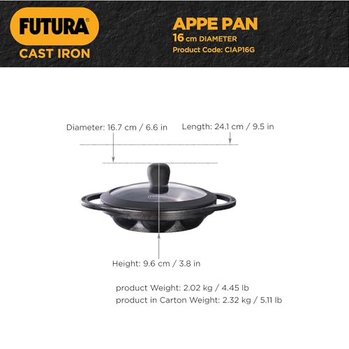 Hawkins Futura 16 cm Cast Iron Appe Pan, Non Stick Paniyaram Pan with Glass Lid, 8 Cups Paniyarakkal Pan, Litti Pan, Kuzhi Paniyaram Pan, Ponganalu Pan, Black (CIAP16G)