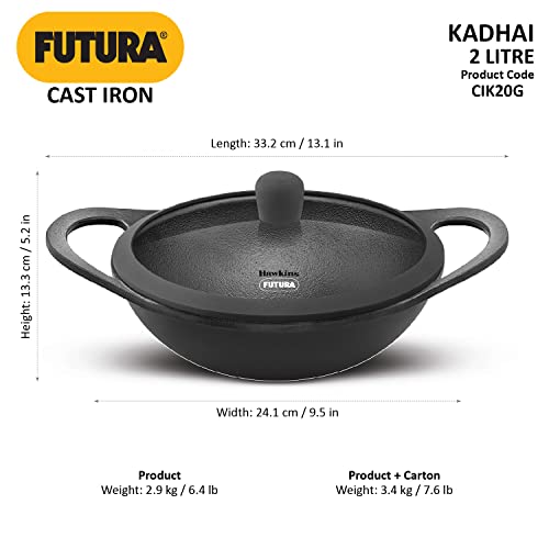 Hawkins Futura 2 Litre Cast Iron Kadhai, Naturally Nonstick Cast Iron Kadai with Glass Lid, Cast Iron Cookware for Kitchen, Black (CIK20G)