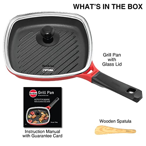 Hawkins 26 cm Grill Pan, Non Stick Die Cast Grilling Pan with Glass Lid, Square Grill Pan for Gas Stove, Ceramic Coated Pan, Roast Pan, Red (IGP26G)