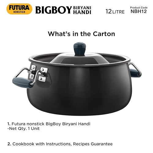 Hawkins Futura 12 Litre BigBoy Biryani Handi, Non Stick Pot with Hard Anodised Lid, Sauce Pan for Cooking and Serving Biriyani, Black (NBH12) Aluminium