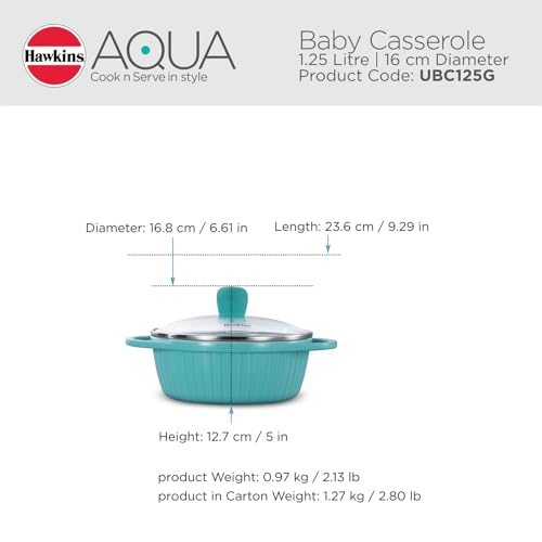 Hawkins 1.25 Litre Casserole, Aqua Baby Casserole with Glass Lid, Aqua Blue (UBC125G)