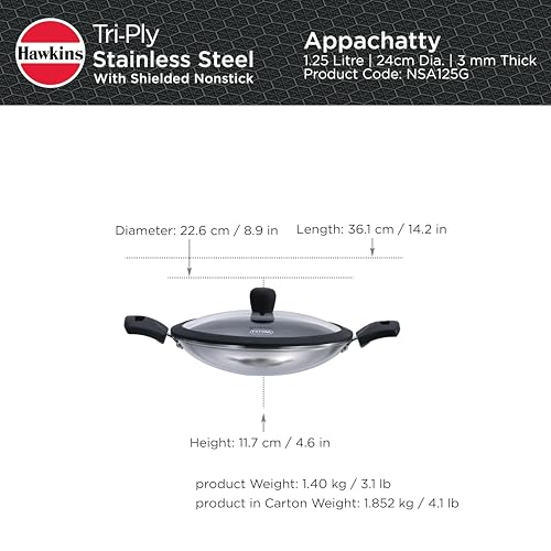 Hawkins 1.25L Breakfast Pan, Nonstick Triply Stainless Steel Appachatty with Glass Lid, Chetty Pan, Appam Patra, Honeycomb Round Bottom Small Kadai, Siler (NSA125G)