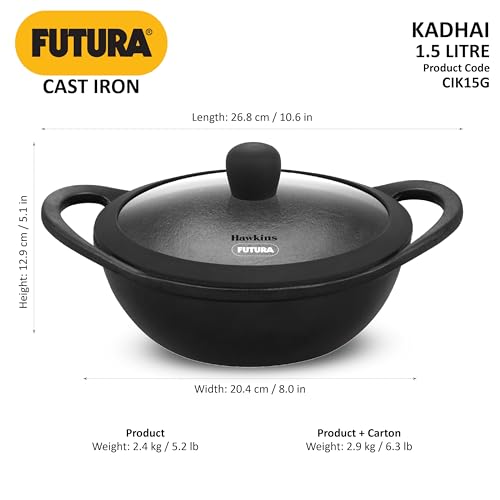 Hawkins Futura 1.5 Litre Cast Iron Kadhai, Naturally Nonstick Cast Iron Kadai with Glass Lid, Cast Iron Cookware for Kitchen, Black (CIK15G)