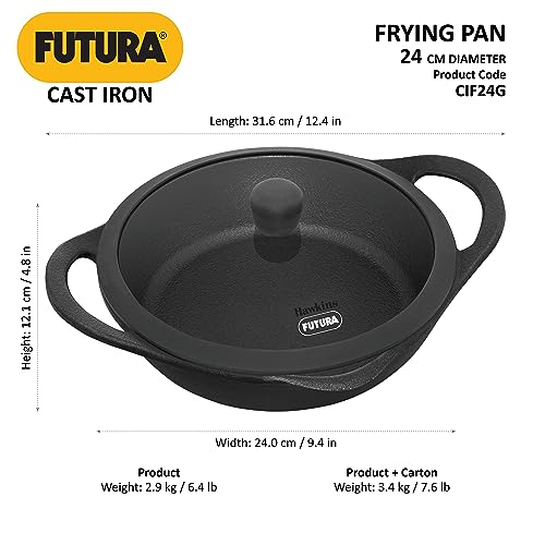 Hawkins Futura Cast Iron Frying Pan, 24 Cm Diameter, Cast Iron Skillet, Omlette Pan, Iron Frypan (Cif24G), Black