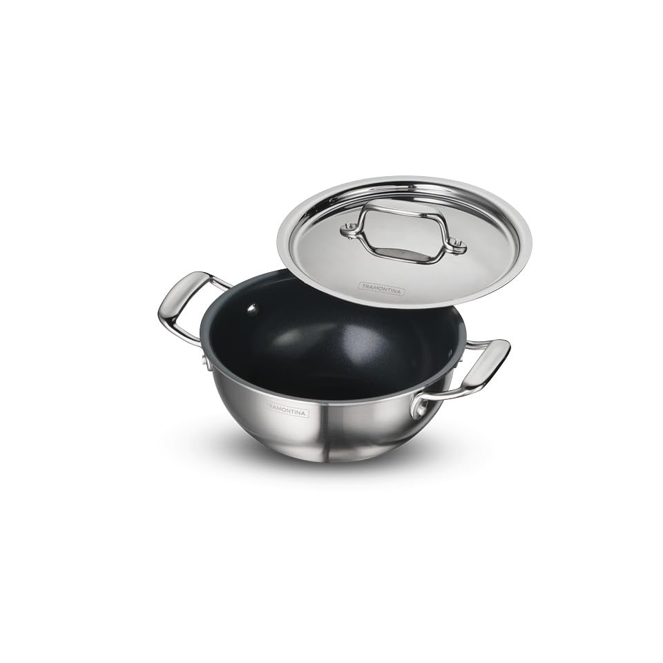 Tramontina Fusao Ceramic Coated Triply Stainless Steel Deep Kadai with Lid 20 cm/2.30 L Non Toxic Induction Friendly, 10 Year Warranty