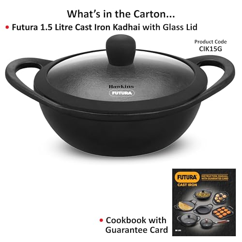 Hawkins Futura 1.5 Litre Cast Iron Kadhai, Naturally Nonstick Cast Iron Kadai with Glass Lid, Cast Iron Cookware for Kitchen, Black (CIK15G)