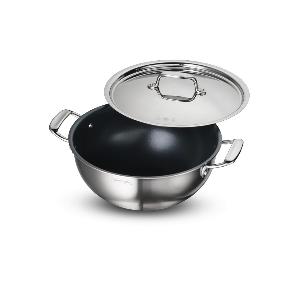 Tramontina Fusao Ceramic Coated Triply Stainless Steel Deep Kadai with Lid 26 cm/4.7 L Non Toxic Induction Friendly, 10 Year Warranty