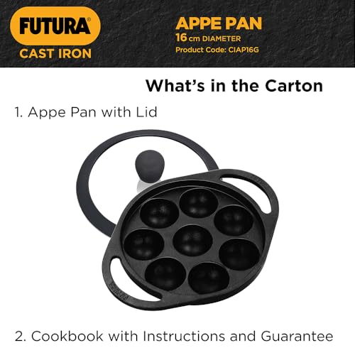 Hawkins Futura 16 cm Cast Iron Appe Pan, Non Stick Paniyaram Pan with Glass Lid, 8 Cups Paniyarakkal Pan, Litti Pan, Kuzhi Paniyaram Pan, Ponganalu Pan, Black (CIAP16G)