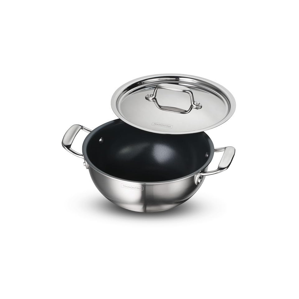 Tramontina Fusao Ceramic Coated Triply Stainless Steel Deep Kadai with Lid 22 cm/3.0 L Non Toxic Induction Friendly, 10 Year Warranty