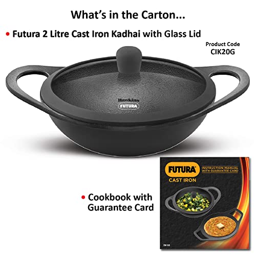 Hawkins Futura 2 Litre Cast Iron Kadhai, Naturally Nonstick Cast Iron Kadai with Glass Lid, Cast Iron Cookware for Kitchen, Black (CIK20G)