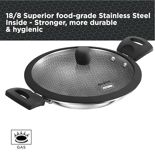 Hawkins 1.25L Breakfast Pan, Nonstick Triply Stainless Steel Appachatty with Glass Lid, Chetty Pan, Appam Patra, Honeycomb Round Bottom Small Kadai, Siler (NSA125G)