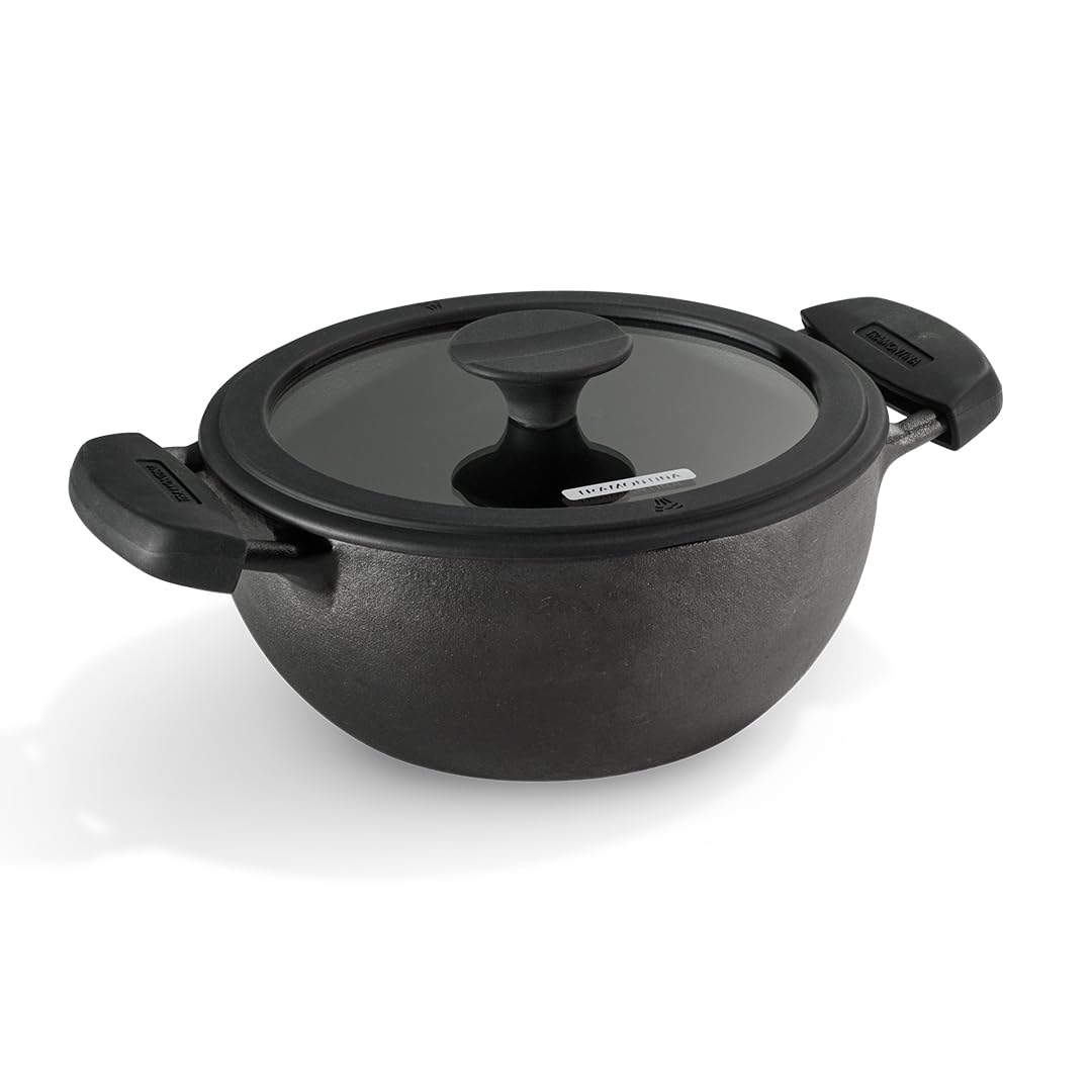 TRAMONTINA Titanex 30 cm Pre-Seasoned Cast Iron Deep Kadai – 6.8L, Non-Toxic, Induction Ready, Toughned Glass Lid w/Steam Release, Snap-On Cool Touch Grips, Excellent Heat Retention & Even Heating