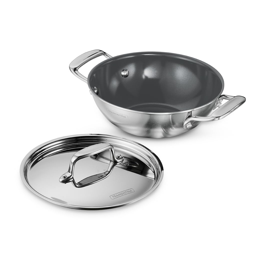 Tramontina Fusao Healthy Triply Ceramic 20cm/1.7L Kadai with SS 304 lid | Non Toxic Kadhai(PFAS/PTFE/PFOA Free) Curry | Deep Fry | StirFry | Induction Friendly | Stay Cool Handle I 10 Year Warranty*