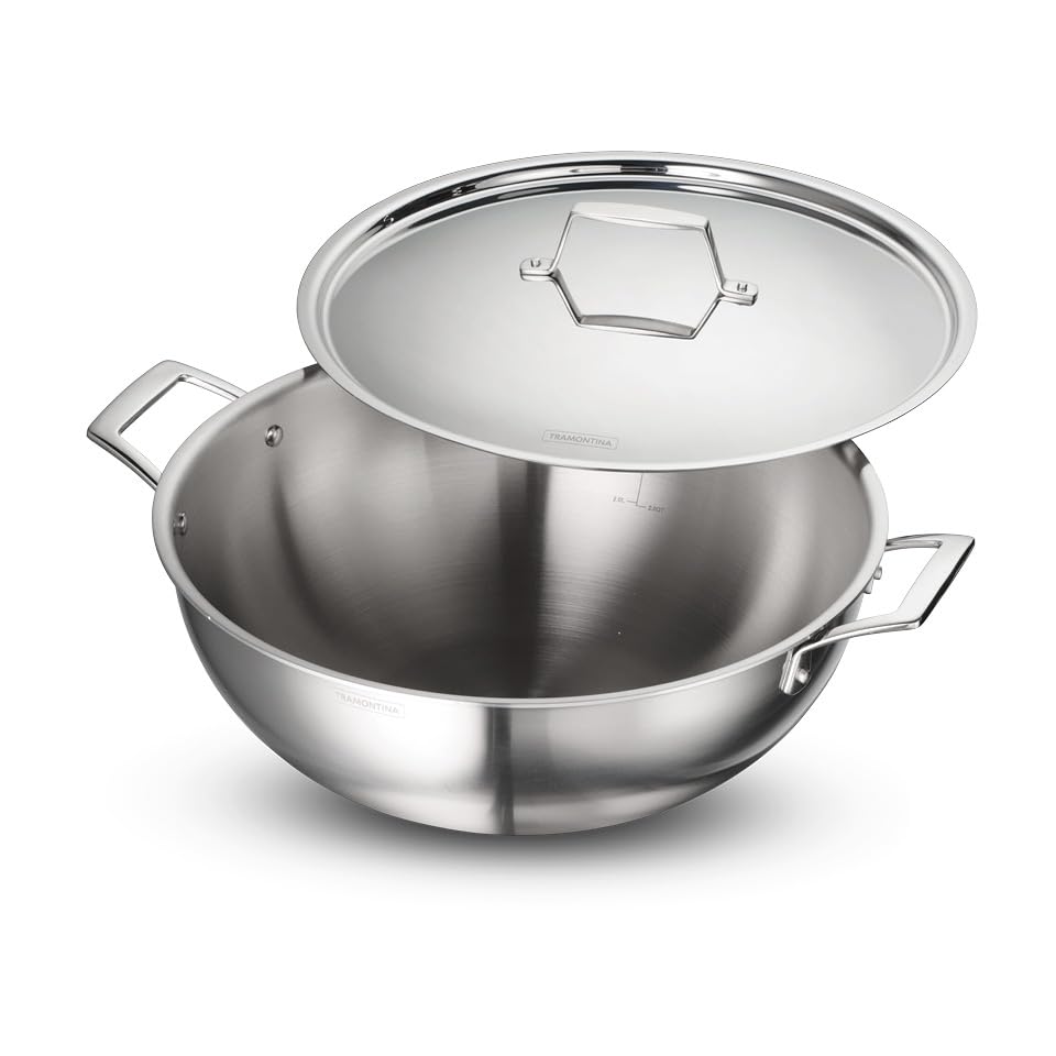 TRAMONTINA Aeion Triply Stainless Steel Deep Kadai with Lid 36cm/10.90 L Non Toxic Induction Friendly, 10 Year Warranty