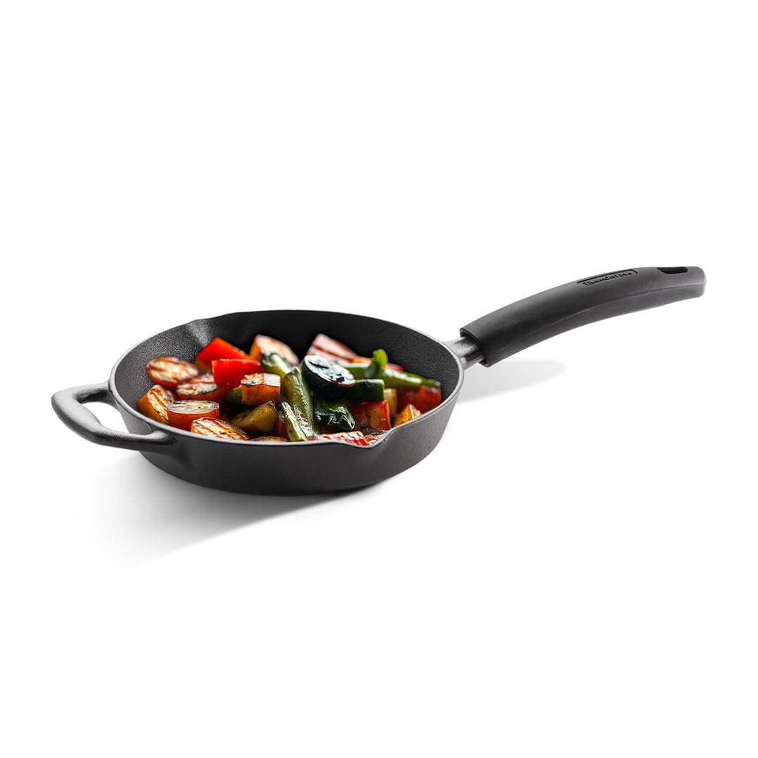 TRAMONTINA Titanex 22 cm Pre-Seasoned Cast Iron Fry Pan, Non-Toxic, Induction Ready, Easy Hold Non-Slip Heat-Resistant Grip, Natural Stone Finish, Superior Heat Retention, Spill-Free Side Spouts