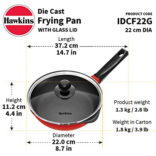 Hawkins 22 cm Frying Pan, Die Cast Non Stick Fry Pan with Glass Lid, Ceramic Coated Pan, Induction Frying Pan, Small Frying Pan, Red (IDCF22G)