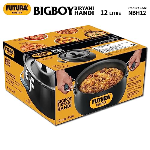 Hawkins Futura 12 Litre BigBoy Biryani Handi, Non Stick Pot with Hard Anodised Lid, Sauce Pan for Cooking and Serving Biriyani, Black (NBH12) Aluminium