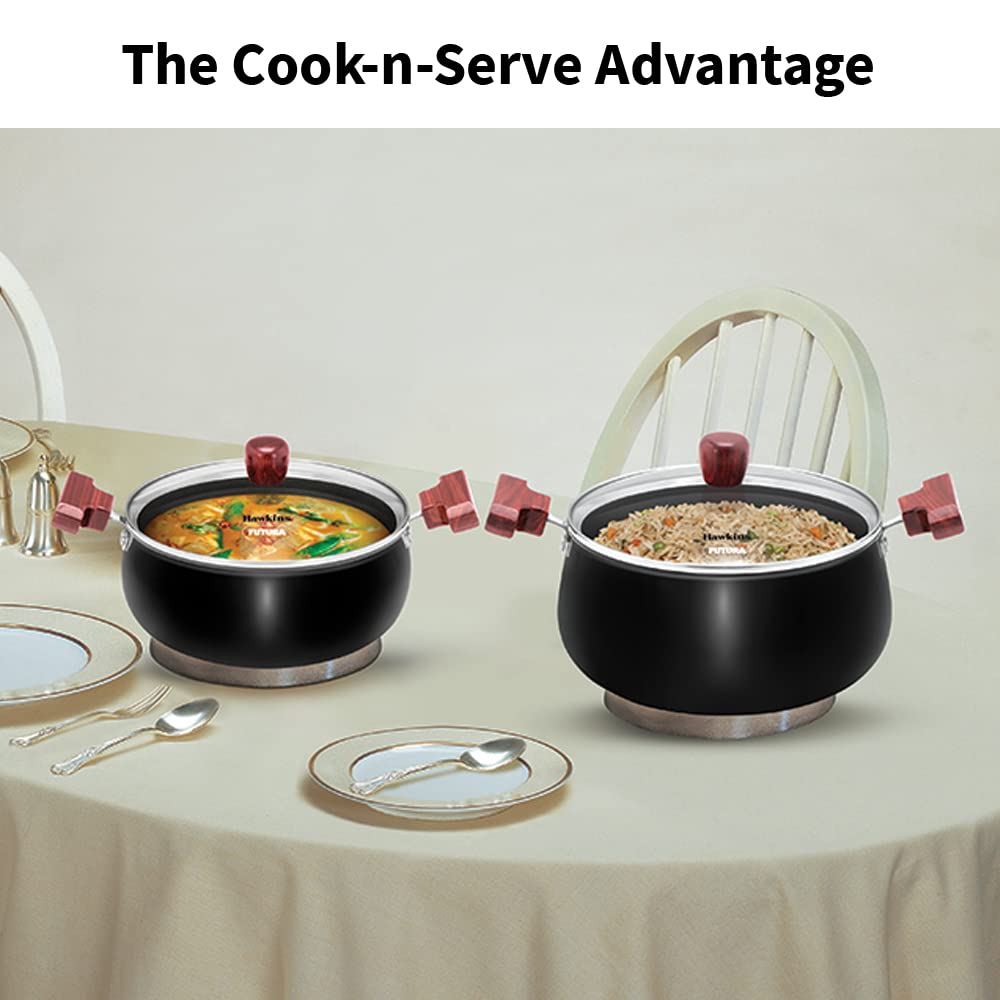 Hawkins Futura 5 Litre Cook n Serve Handi, Hard Anodised Biryani Handi with Glass Lid, Saucepan, Sauce Pan, Black (ACH50G)