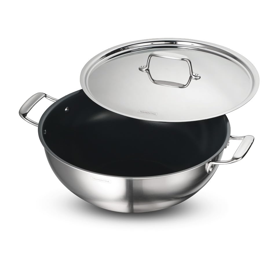 TRAMONTINA Fusao Ceramic Coated Triply Stainless Steel Deep Kadai with Lid 36 cm/10.90 L Non Toxic Induction Friendly, 10 Year Warranty