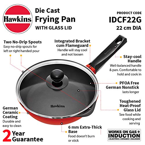 Hawkins 22 cm Frying Pan, Die Cast Non Stick Fry Pan with Glass Lid, Ceramic Coated Pan, Induction Frying Pan, Small Frying Pan, Red (IDCF22G)