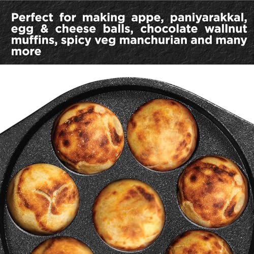 Hawkins Futura 16 cm Cast Iron Appe Pan, Non Stick Paniyaram Pan with Glass Lid, 8 Cups Paniyarakkal Pan, Litti Pan, Kuzhi Paniyaram Pan, Ponganalu Pan, Black (CIAP16G)