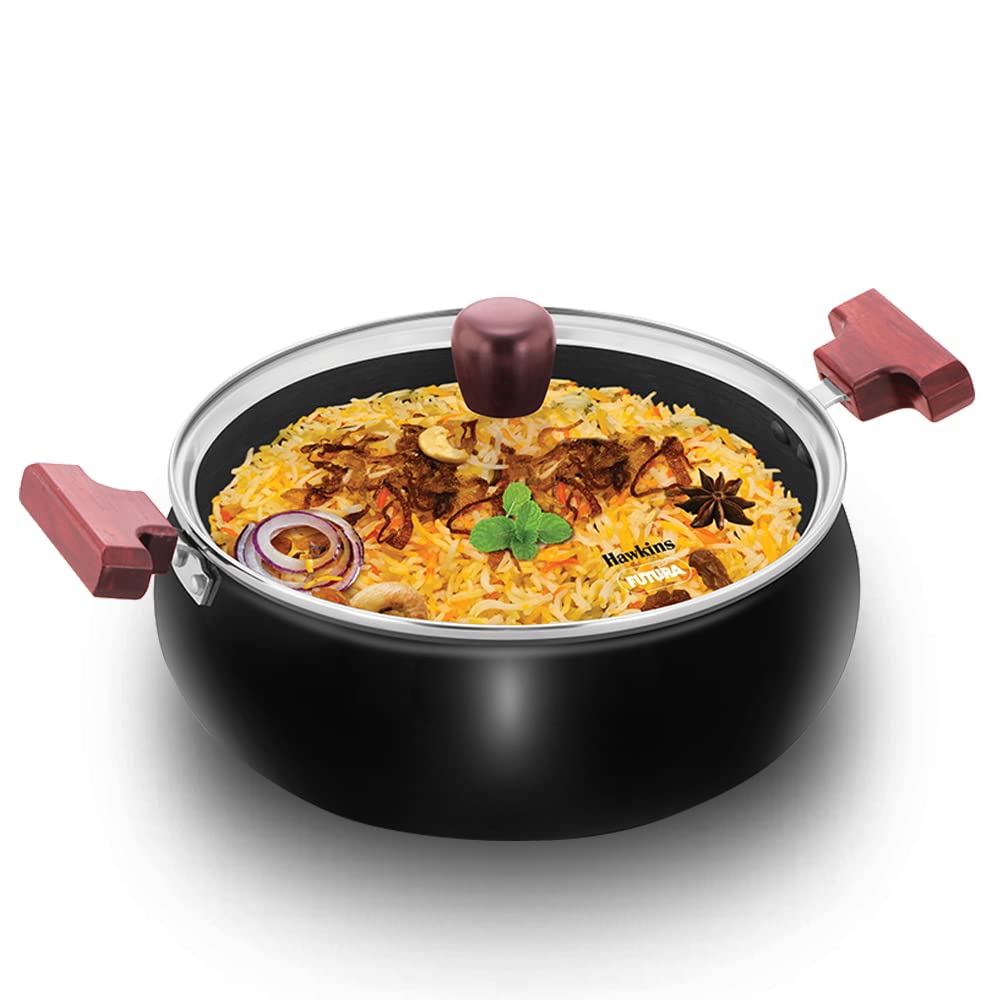 Hawkins Futura 5 Litre Cook n Serve Handi, Hard Anodised Biryani Handi with Glass Lid, Saucepan, Sauce Pan, Black (ACH50G)