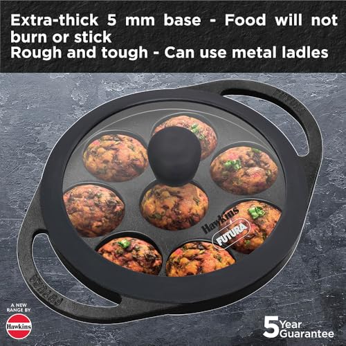 Hawkins Futura 16 cm Cast Iron Appe Pan, Non Stick Paniyaram Pan with Glass Lid, 8 Cups Paniyarakkal Pan, Litti Pan, Kuzhi Paniyaram Pan, Ponganalu Pan, Black (CIAP16G)