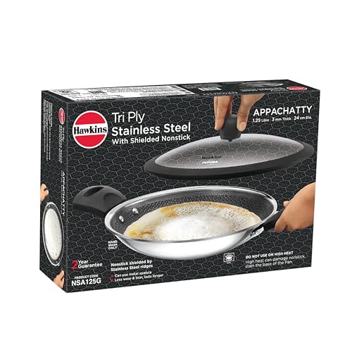 Hawkins 1.25L Breakfast Pan, Nonstick Triply Stainless Steel Appachatty with Glass Lid, Chetty Pan, Appam Patra, Honeycomb Round Bottom Small Kadai, Siler (NSA125G)