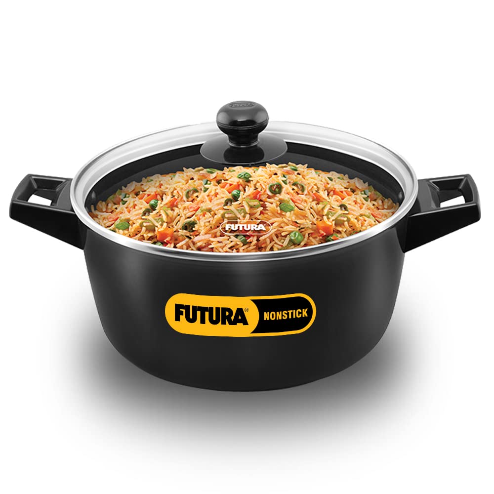 Hawkins Futura 4 Litre Cook N Serve Bowl, Non Stick Saucepan with Glass Lid, Sauce Pan for Cooking and Serving, Black (Ncb40G), 4 Liter