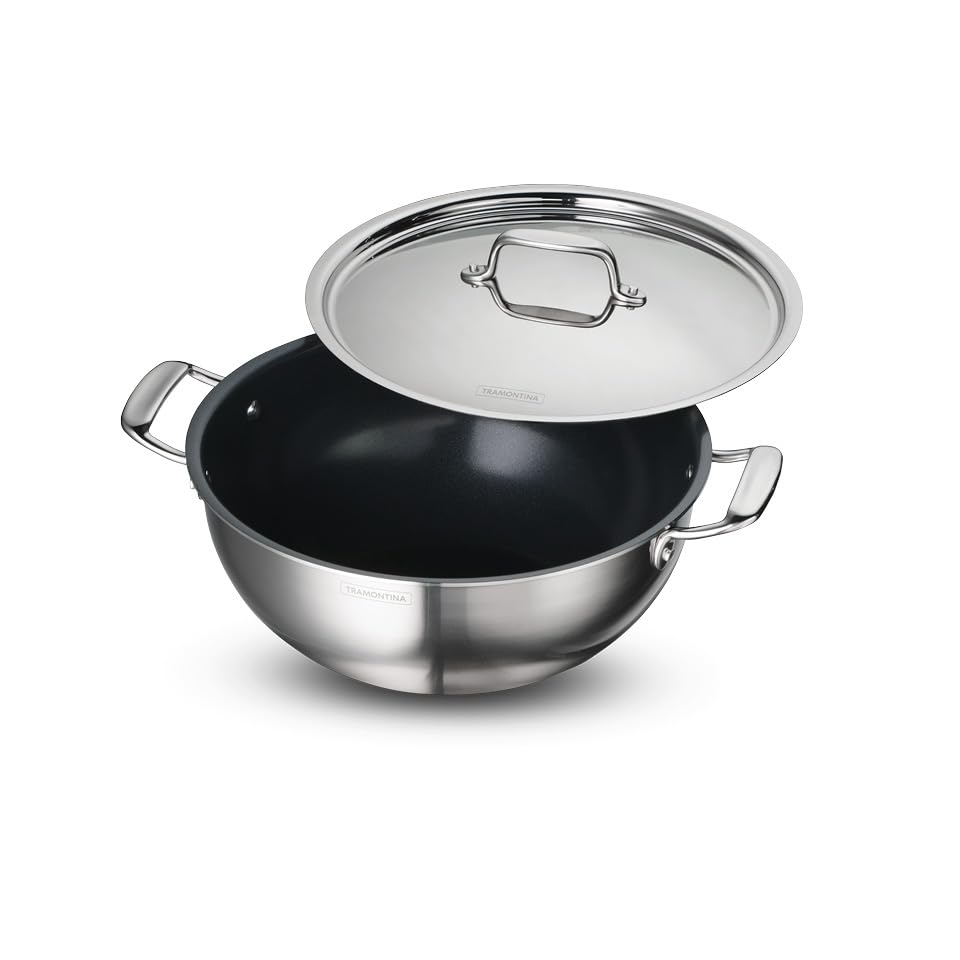 Tramontina Fusao Ceramic Coated Triply Stainless Steel Deep Kadai with Lid 28 cm/5.9 L Non Toxic Induction Friendly, 10 Year Warranty