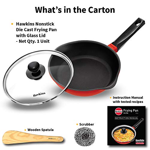 Hawkins 22 cm Frying Pan, Die Cast Non Stick Fry Pan with Glass Lid, Ceramic Coated Pan, Induction Frying Pan, Small Frying Pan, Red (IDCF22G)