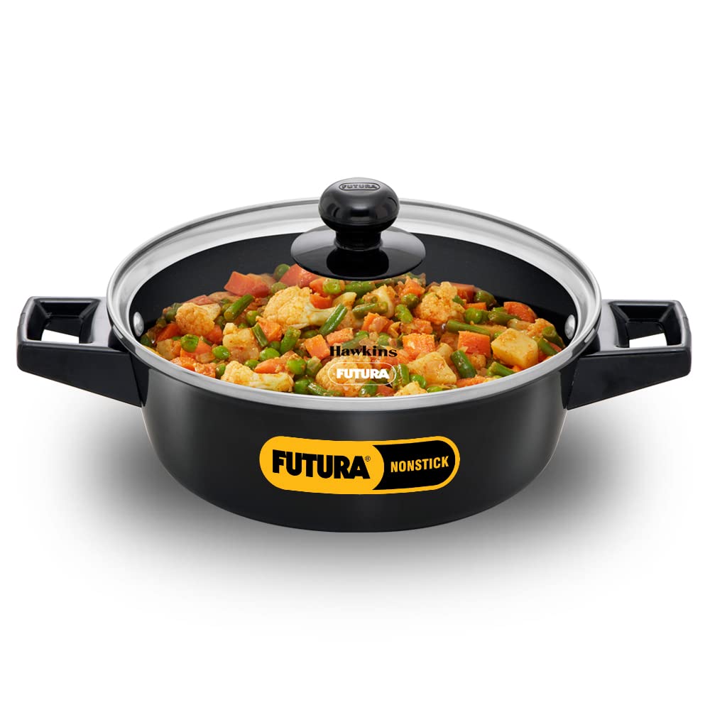 Hawkins Futura 2 Litre Cook N Serve Casserole, Non Stick Saucepan with Glass Lid, Induction Sauce Pan for Cooking and Serving, Black (Incb20G), 2 Liter