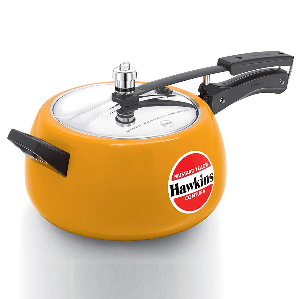 Hawkins Ceramic- Coated Contura 5L Mustard Yellow Aluminium Inner Lid Pressure Cooker