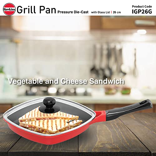 Hawkins 26 cm Grill Pan, Non Stick Die Cast Grilling Pan with Glass Lid, Square Grill Pan for Gas Stove, Ceramic Coated Pan, Roast Pan, Red (IGP26G)