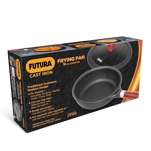 Hawkins Futura 16cm Frying Pan, Cast Iron Frying Pan with Glass Lid and Rosewood Handle, Black (CIF16G)