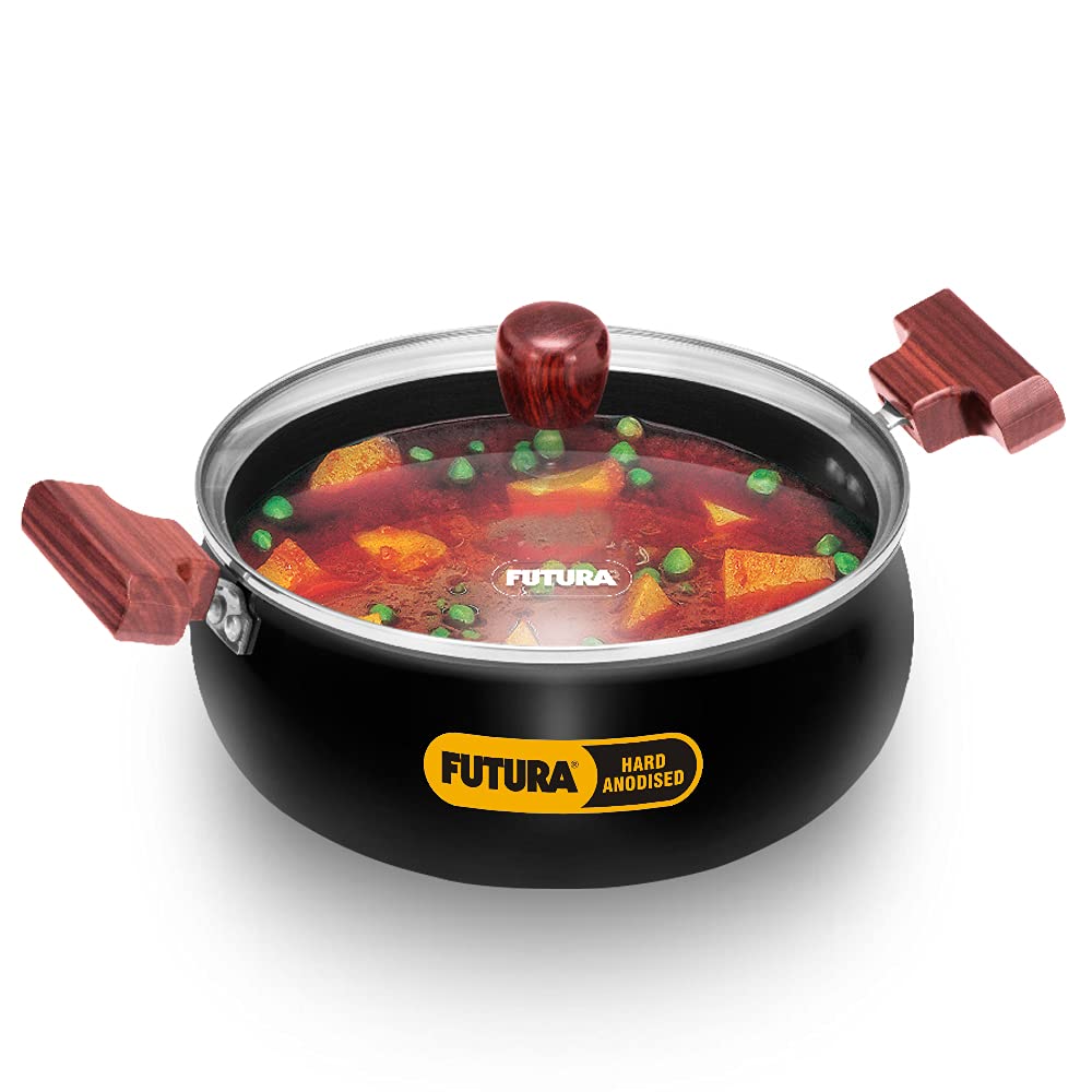 Hawkins Futura 3 Litre Cook N Serve Handi, Hard Anodised Biryani Handi with Glass Lid Non-Stick Saucepan, Sauce Pan, Black (Ach30G)