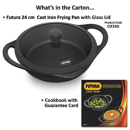 Hawkins Futura Cast Iron Frying Pan, 24 Cm Diameter, Cast Iron Skillet, Omlette Pan, Iron Frypan (Cif24G), Black