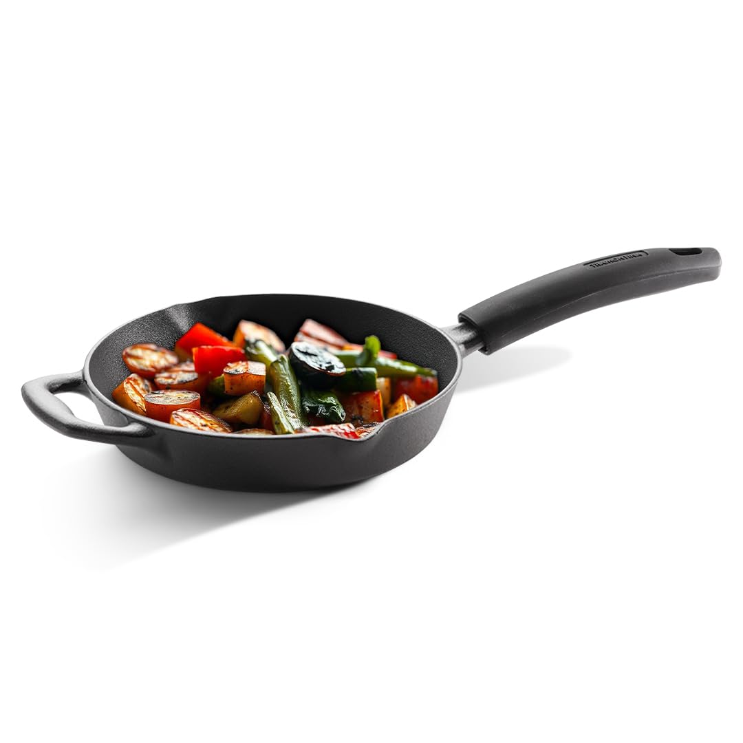 TRAMONTINA Titanex 24 cm Pre-Seasoned Cast Iron Fry Pan, Non-Toxic, Induction Ready, Easy Hold Non-Slip Heat-Resistant Grip, Natural Stone Finish, Superior Heat Retention, Spill-Free Side Spouts