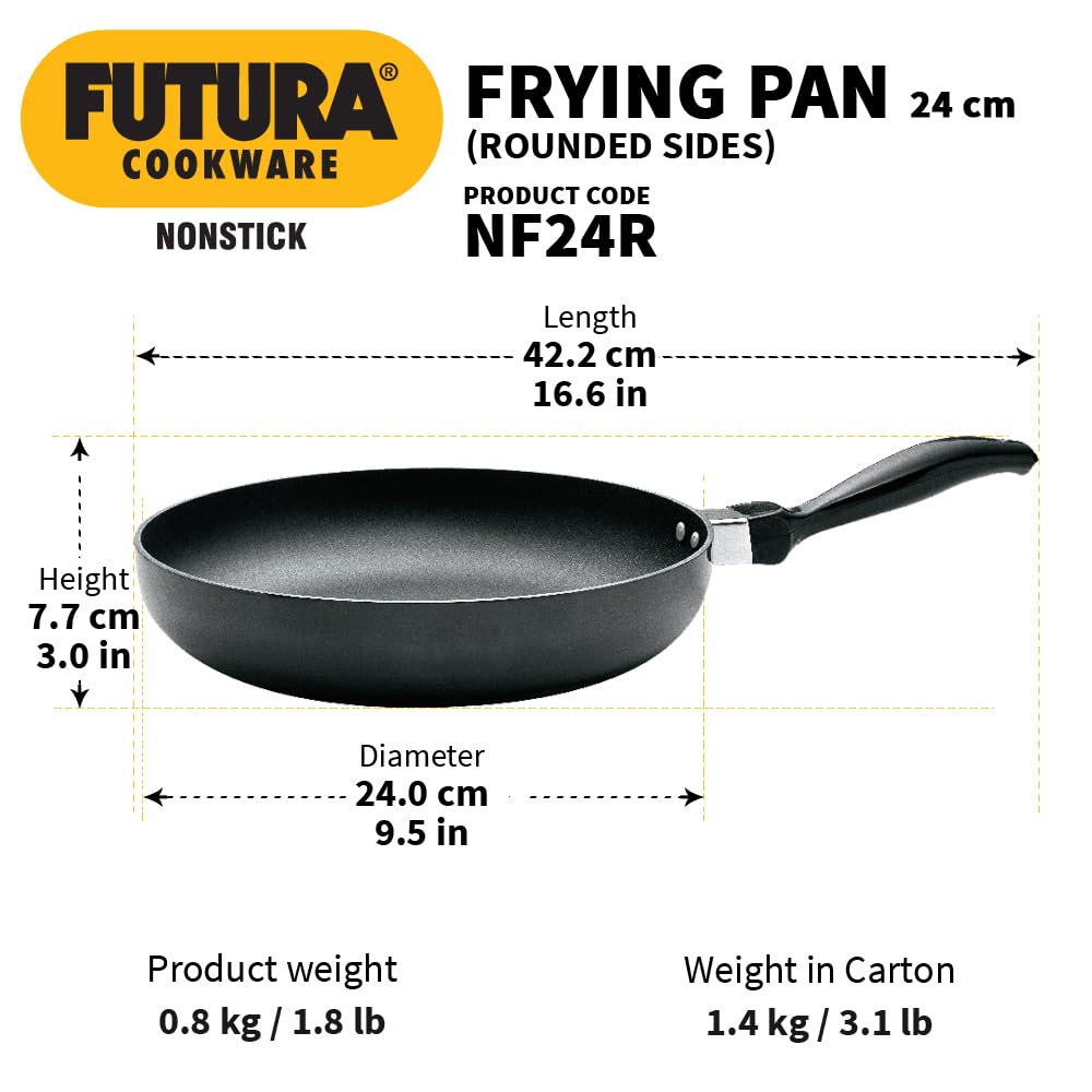 Hawkins Futura 24 cm Frying Pan, Non Stick Fry Pan, Rounded Side Frypan for Easy Stirring, Black (NF24R)