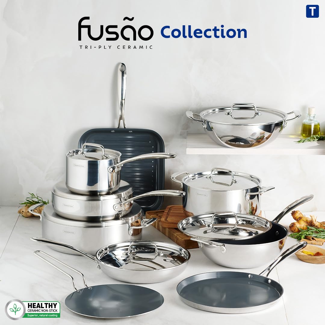 TRAMONTINA Fusao Healthy Triply Ceramic 30cm/5.7L Kadai with SS 304 lid | Non Toxic Kadhai(PFAS/PTFE/PFOA Free) Curry | Deep Fry | StirFry | Induction Friendly | Stay Cool Handle I 10 Year Warranty*