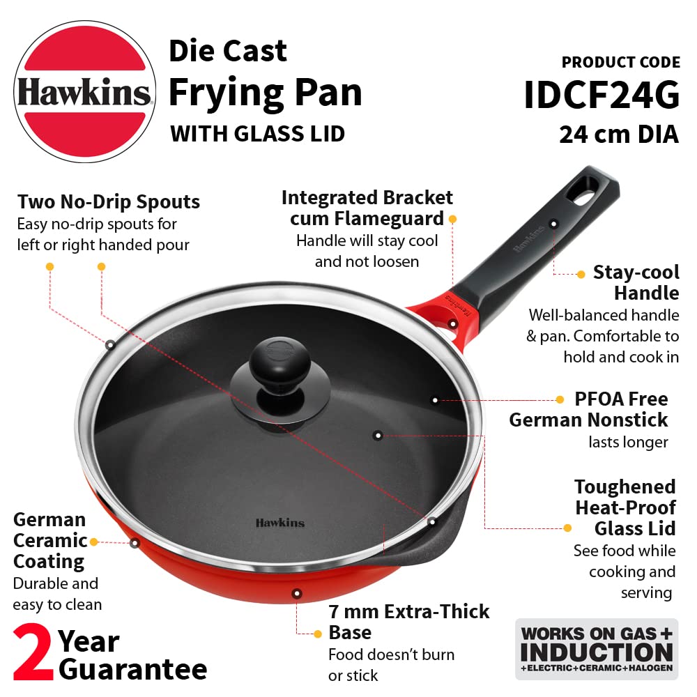 Hawkins 24 cm Frying Pan, Die Cast Non Stick Fry Pan with Glass Lid, Ceramic Coated Pan, Induction Frying Pan, Red (IDCF24G)